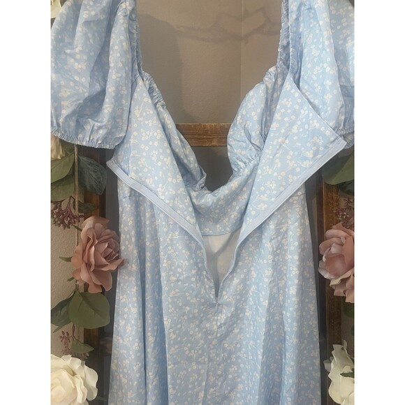 KUTUMAI Off Shoulder Puff Sleeve Floral Maxi Dress Sky Blue - Picture 4 of 9